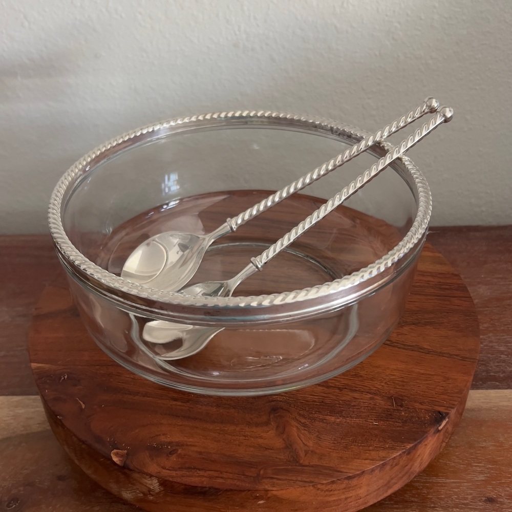 Elegant Silver-Trimmed Glass Bowl with Spoons